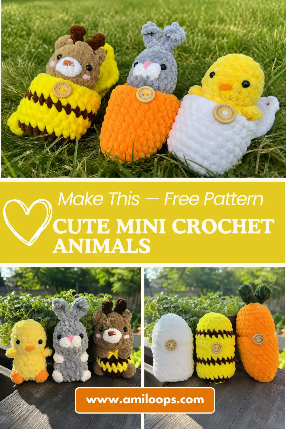 Hands holding chunky chenille mini crochet animals: a bear, a bunny, and a chick against a blurred green background.
