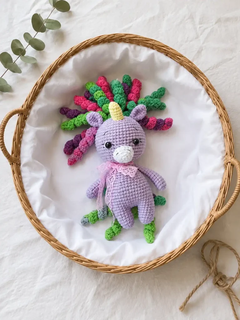 Purple cute unicorn amigurumi free pattern toy with a pink and green curly mane resting in a woven basket on white cloth.