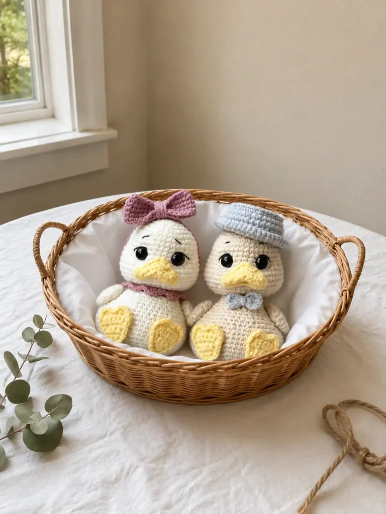 A finished crocheted duckling amigurumi pair (boy and girl) sitting inside a rustic woven wicker basket with handles, placed on a white table with scattered eucalyptus leaves near a window.