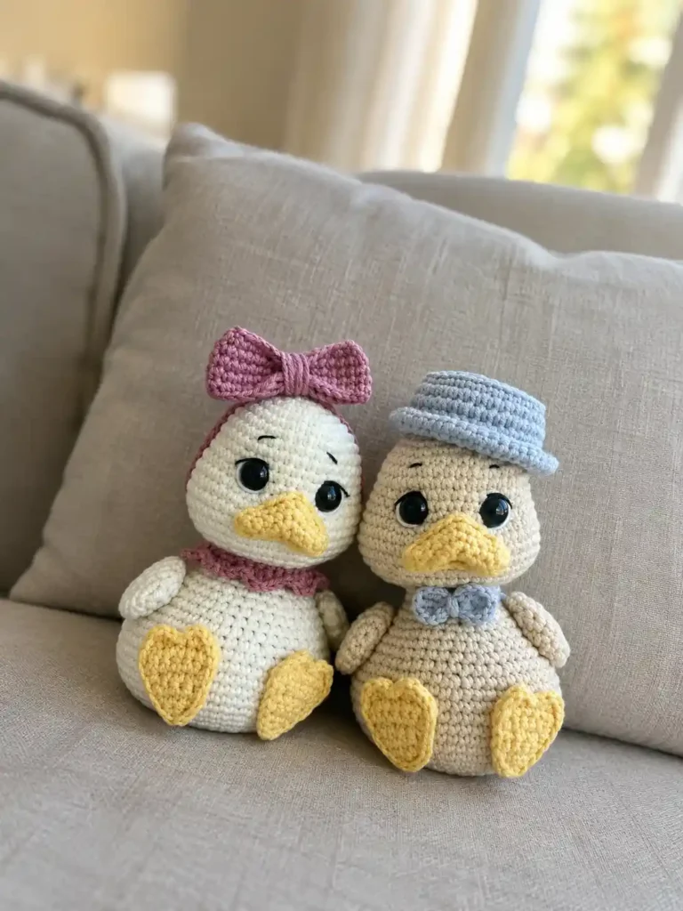 A detailed close-up shot of the crocheted cream-colored duckling amigurumi (girl version), featuring a pink bow headband, a matching pink ruffle collar, and clearly visible 8mm safety eyes, sitting on a light grey textured sofa fabric.