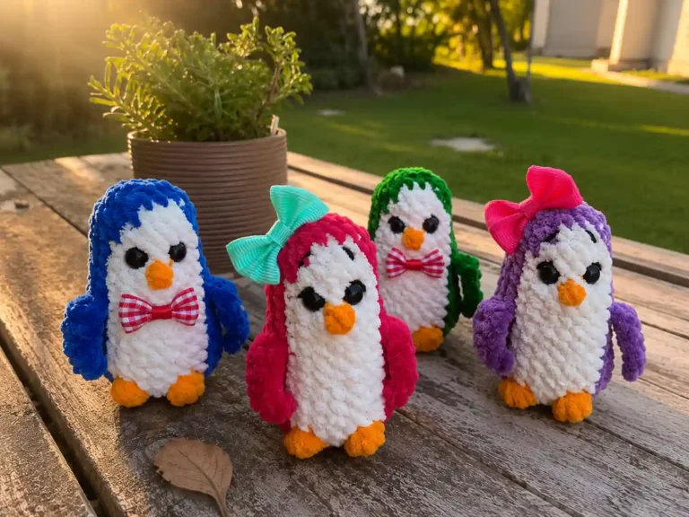 A blue and a pink crochet amigurumi penguin with bow ties, held together in two hands.