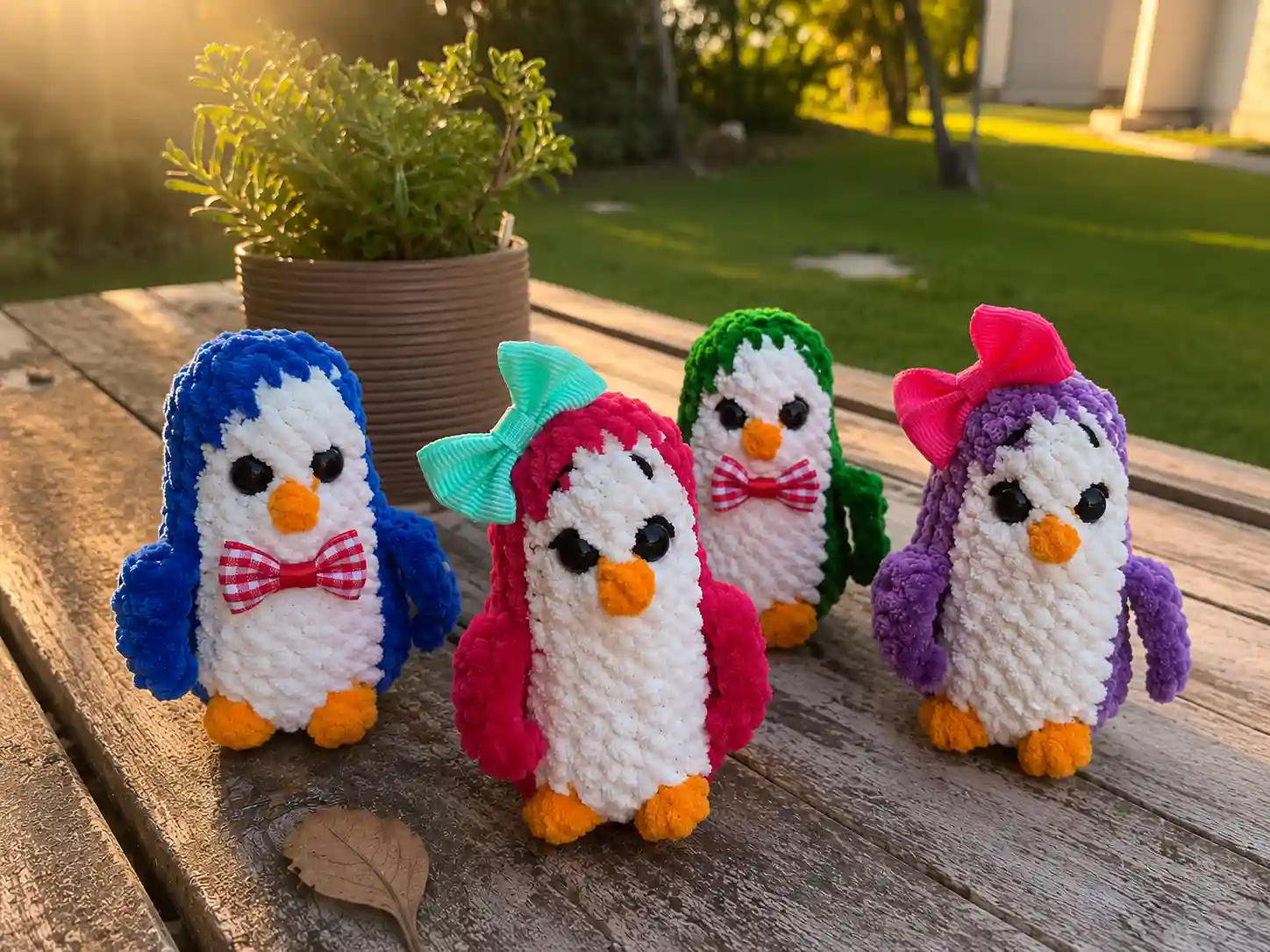 A blue and a pink crochet amigurumi penguin with bow ties, held together in two hands.