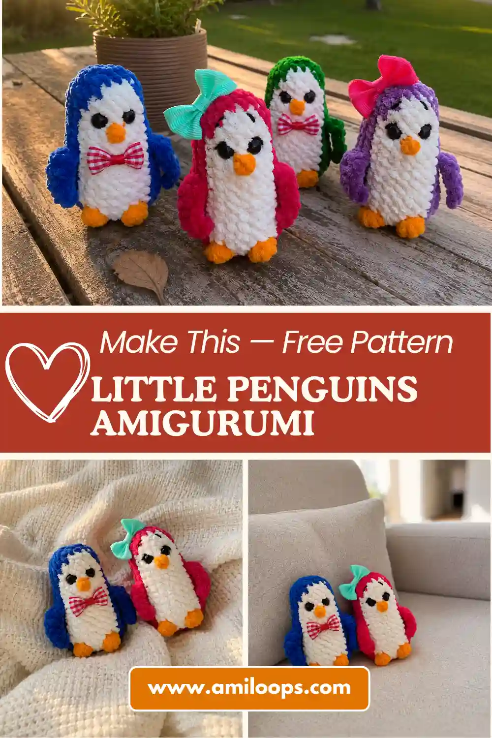 Close-up view of hands holding two crocheted amigurumi penguin toys, a blue and pink one.