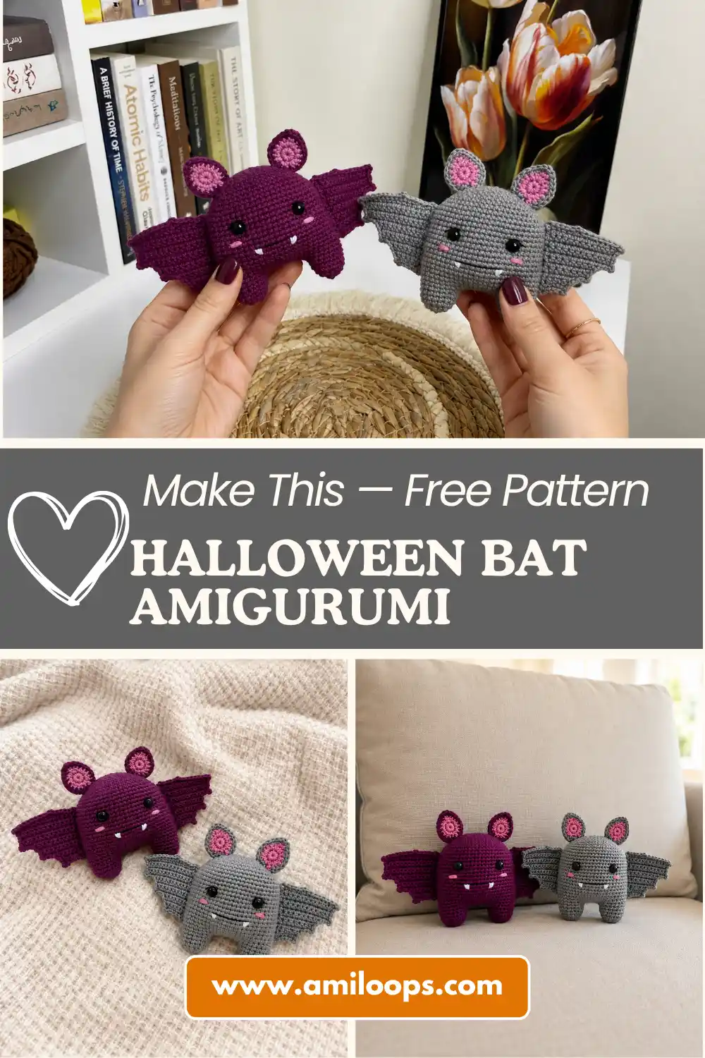 purple and grey crochet bat toys in front of a white bookshelf and framed floral artwork.