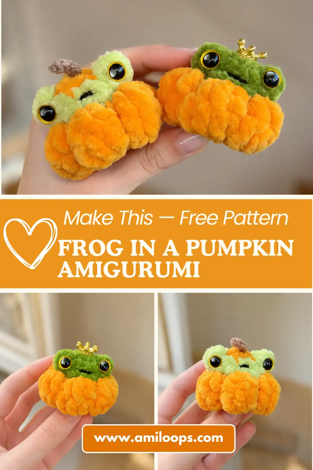 Close-up of two adorable amigurumi frogs inside chunky orange pumpkins, sitting on white textured fabric.