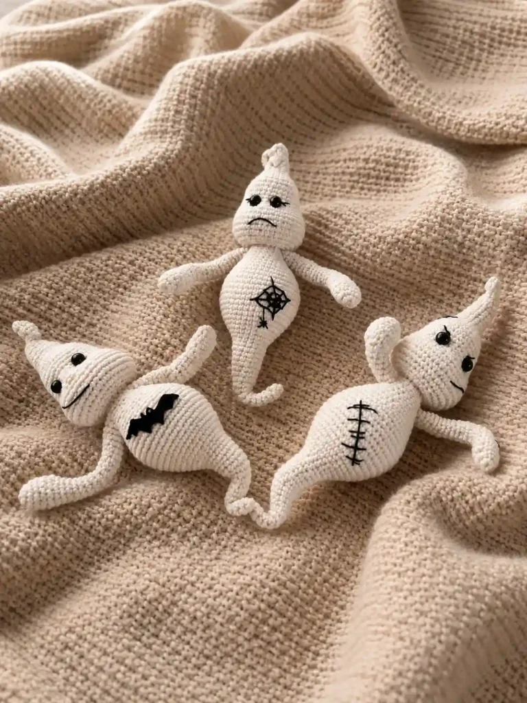 Cream yarn toys from a funny ghost amigurumi free pattern flat on a beige knit blanket, showing bat and web designs.
