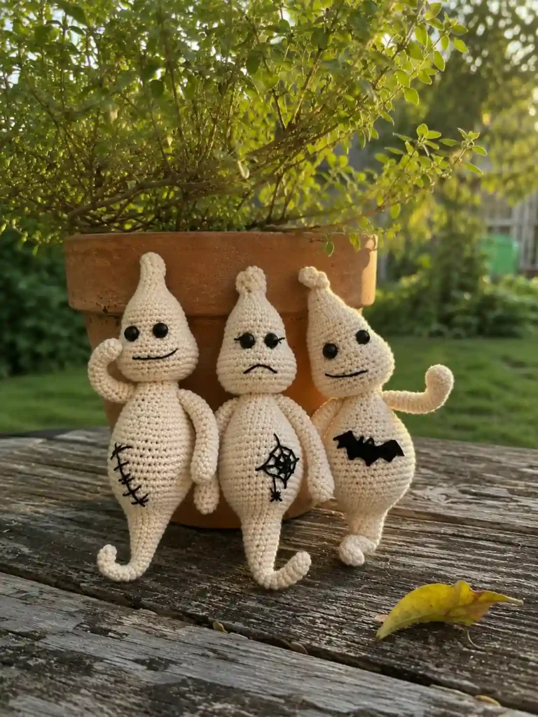 Cream yarn toys from a funny ghost amigurumi free pattern on a wood table outdoors near a potted plant.