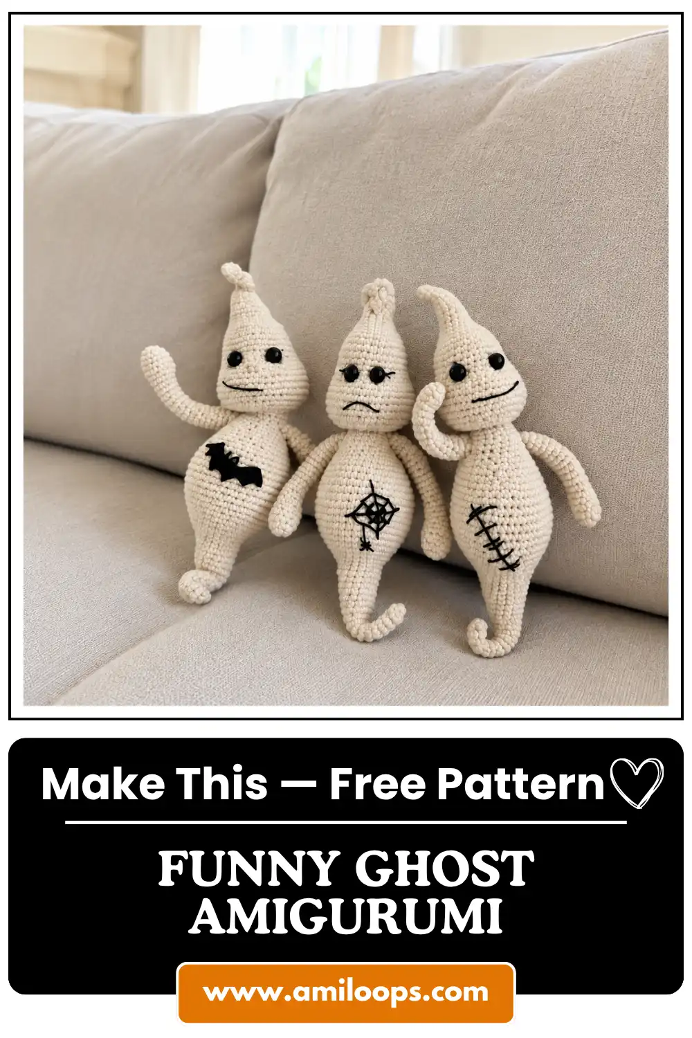 Flat lay of three cream yarn toys from a funny ghost amigurumi free pattern on a wood table, showing bat and web designs.