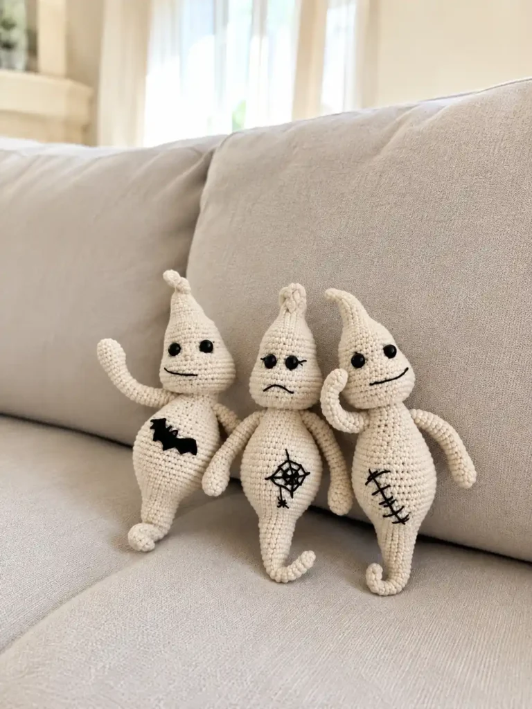 Three cream yarn toys from a funny ghost amigurumi free pattern posing together on a soft beige sofa cushion.