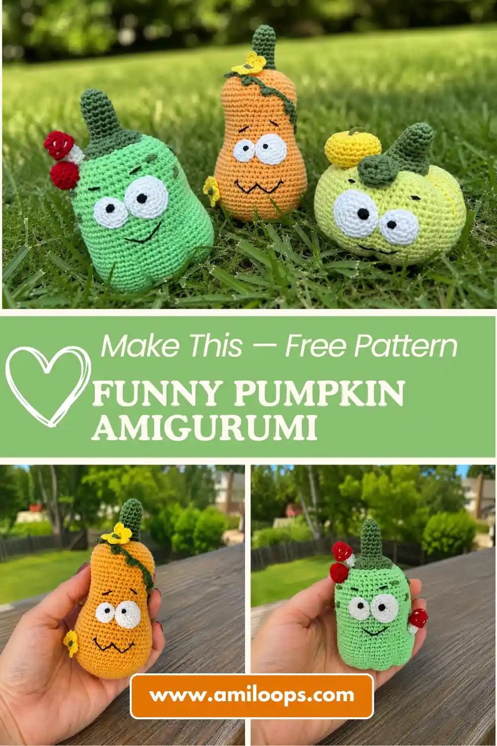 yarn toys from the silly pumpkin amigurumi pattern outdoors over a wooden deck with a blurred background.