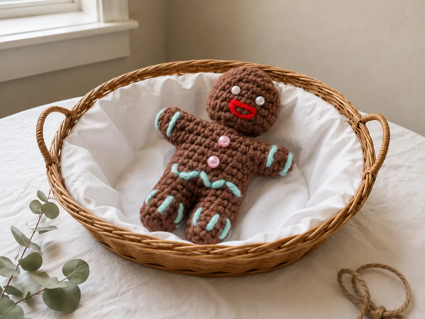 A brown crochet gingerbread man amigurumi with light blue icing embroidery, bead eyes, and pink buttons on a couch.