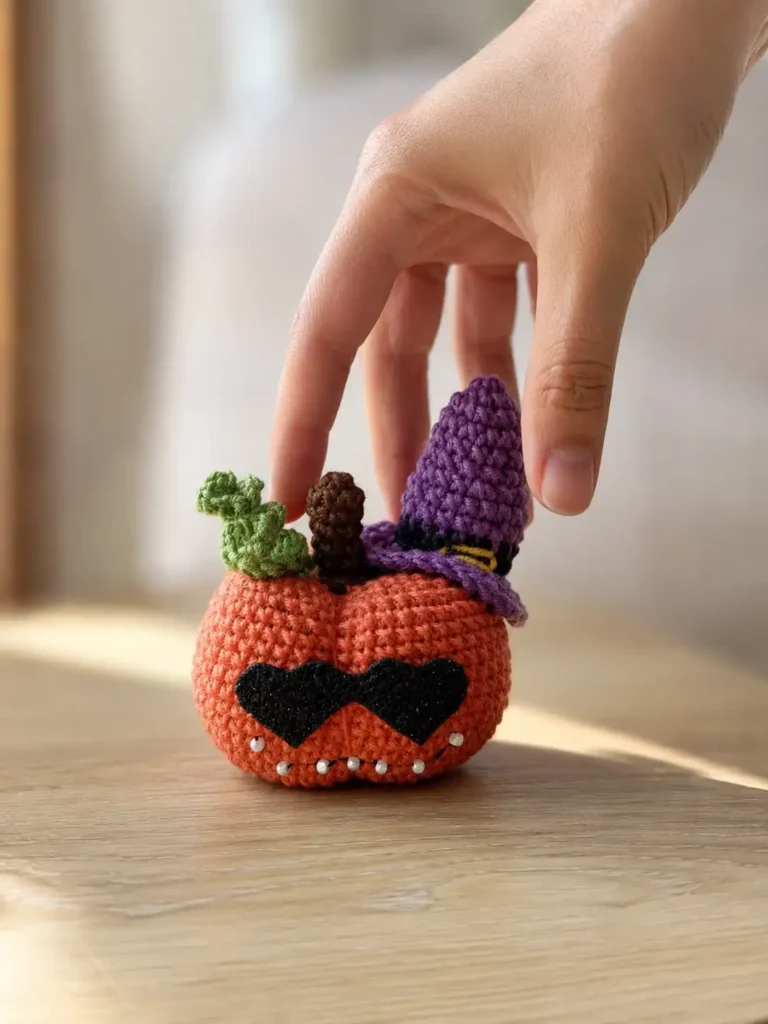 Hand touching the glam pumpkin amigurumi free pattern. Orange yarn toy with a purple hat and glitter glasses on a table.