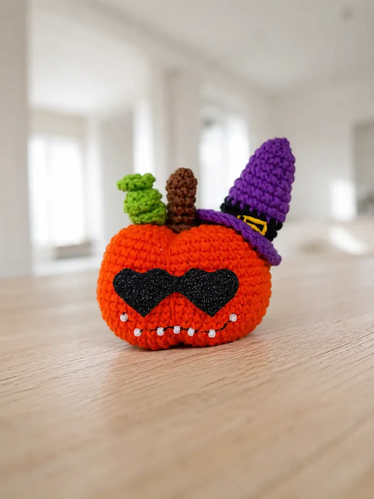 Finished glam pumpkin amigurumi free pattern resting on a light wood table. Orange yarn toy with purple hat and glasses.