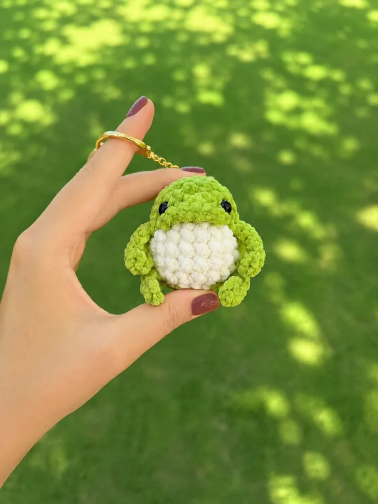 A hand holding a finished green and white chenille crochet frog keychain with black safety eyes and a gold keyring against a sunny grass background.