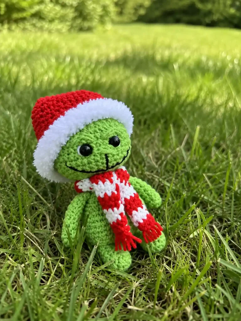 Finished green grinch amigurumi free crochet figure wearing a red hat and scarf, sitting in bright green outdoor grass.
