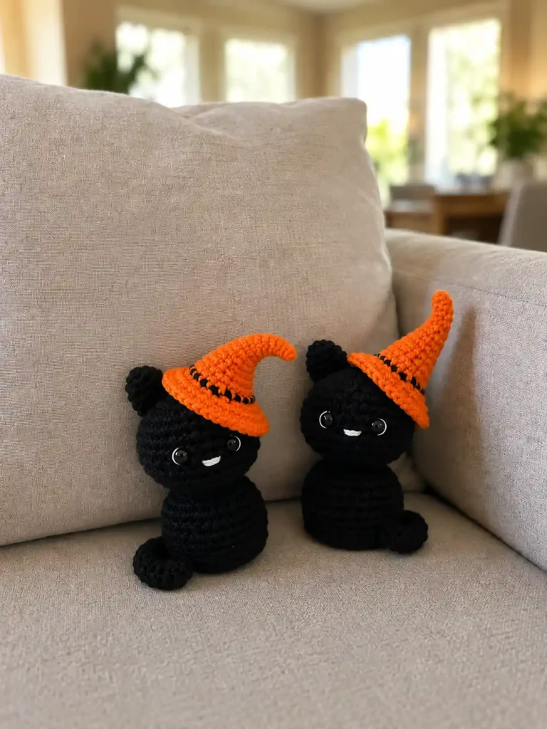 Two black yarn cats with orange hats from a halloween black cat amigurumi pattern, displayed sitting on a beige couch.