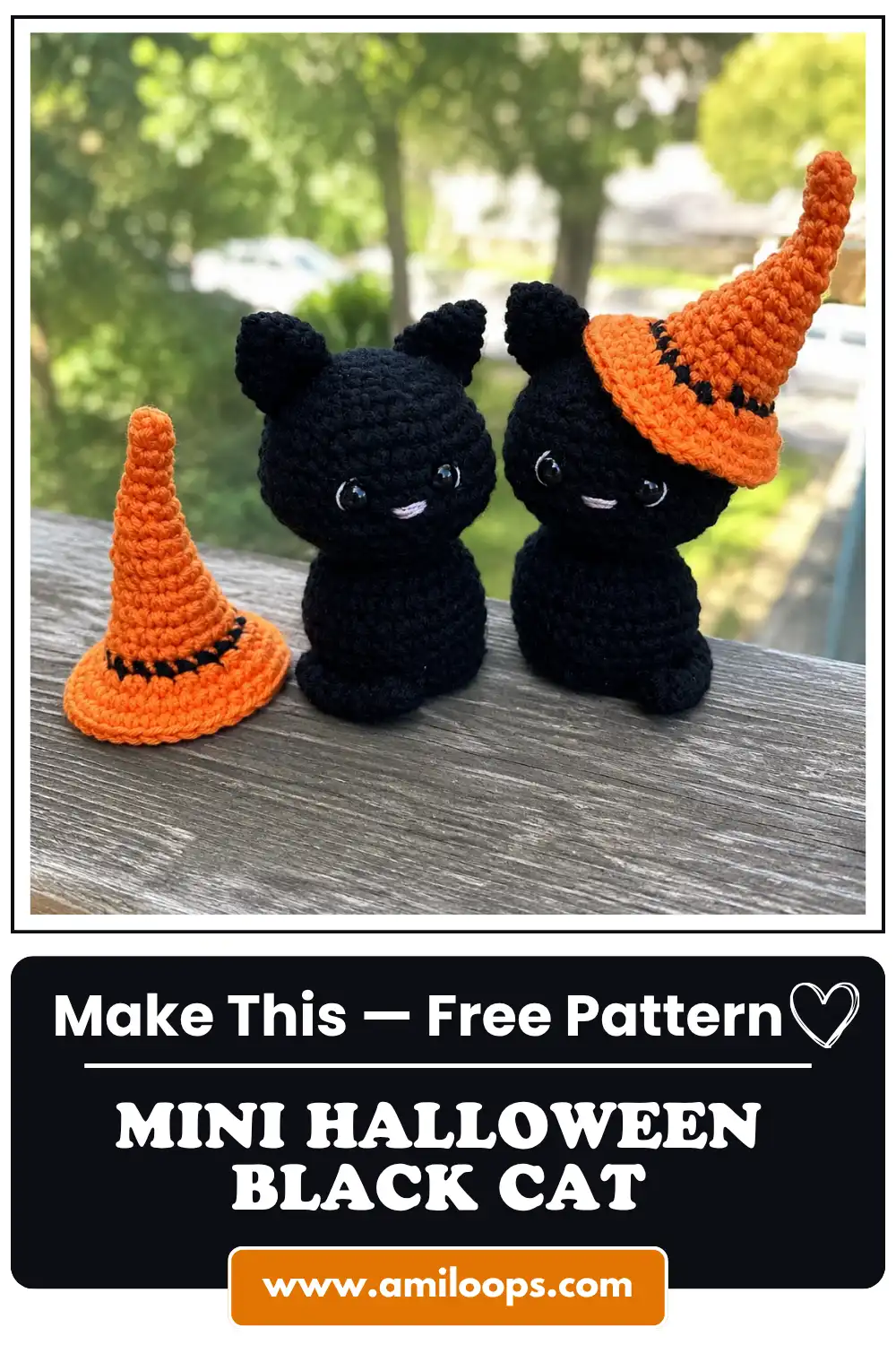 Two black yarn cats on a wooden deck outdoors with green trees in background, for a halloween black cat amigurumi pattern.