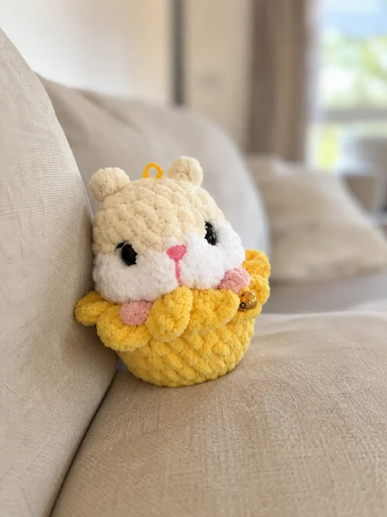 Cream and white plush hamster in a flower amigurumi pattern with a gold bell sitting on a beige couch cushion indoors.