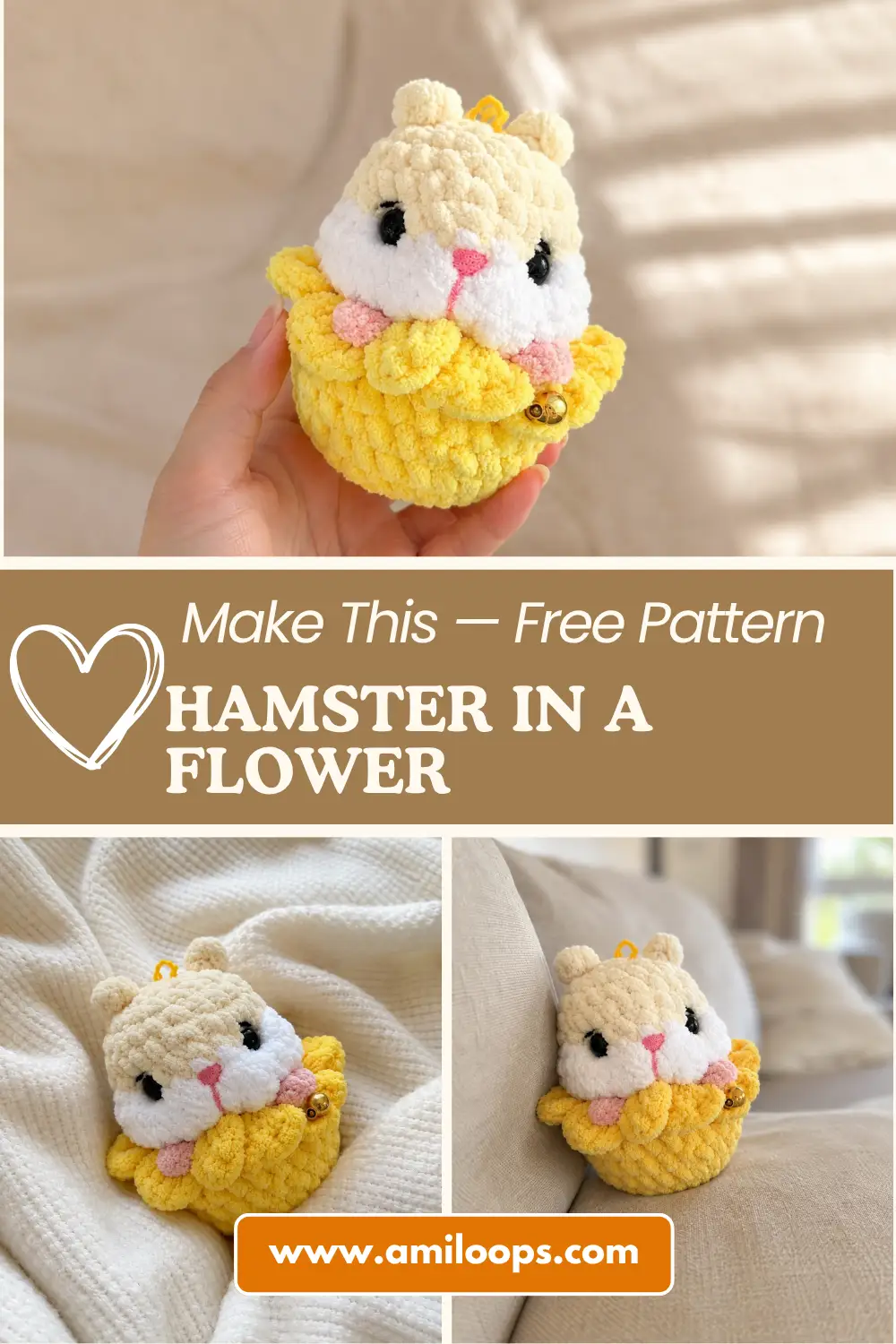 Plush cream and white hamster in a flower amigurumi pattern sitting on a white wooden railing outdoors with green trees.