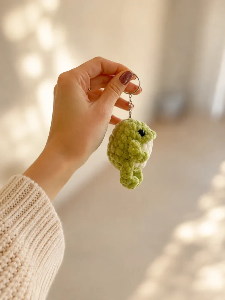 A hand holding up a completed plush green and white chenille crochet frog attached to a silver metal keyring.