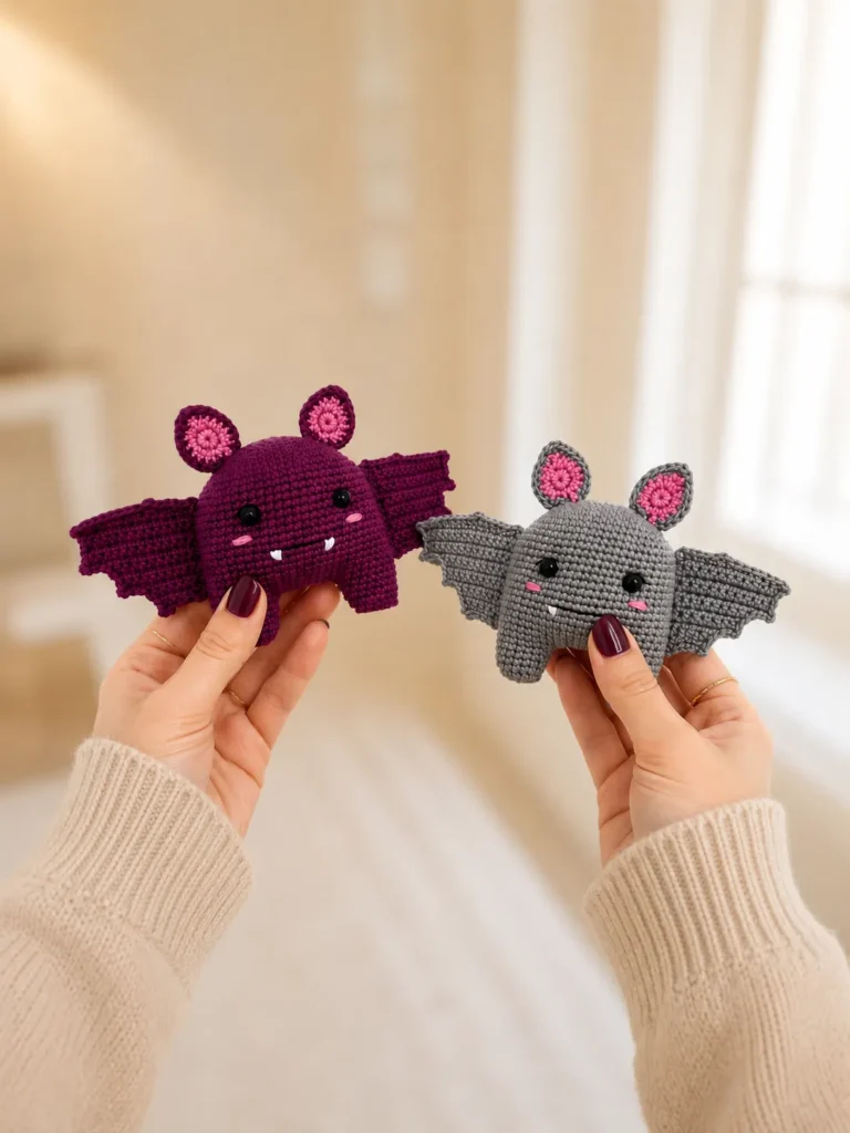 Pair of hands wearing a cozy beige sweater holding up two handmade crocheted bat amigurumi plushies, one deep plum purple and one soft gray, showing their small size and detailed wings.