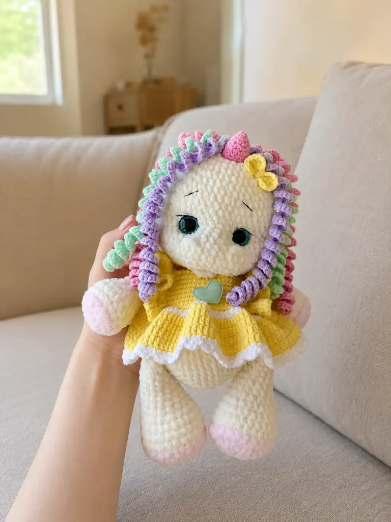 Hand holding a plush chenille unicorn with a yellow dress on a beige sofa. Try this crochet unicorn amigurumi pattern free.