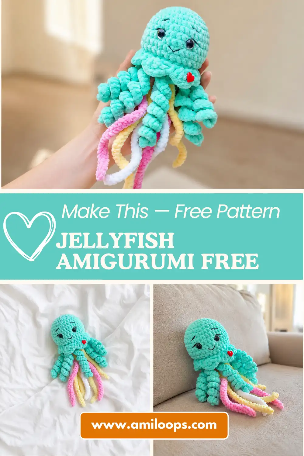 Mint green plush yarn jellyfish amigurumi free pattern lying on a white blanket with pink, yellow, and white tentacles.