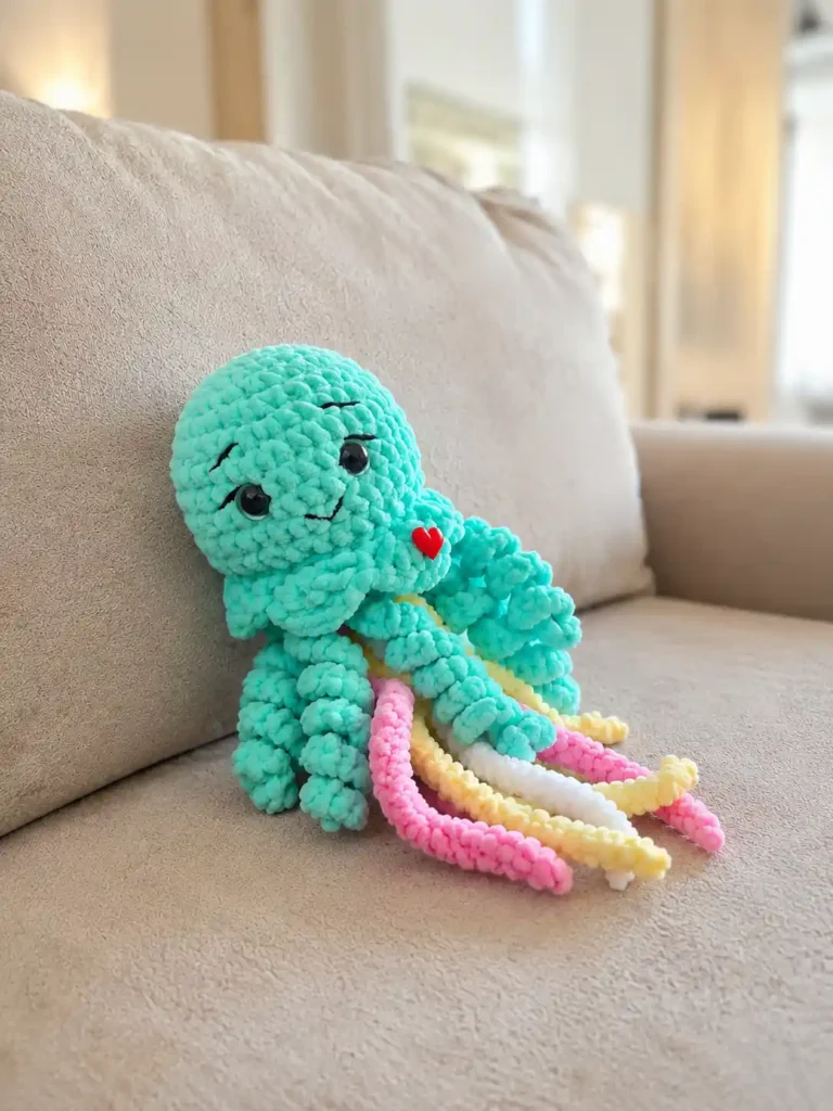 Mint jellyfish amigurumi free pattern leaning against a beige sofa cushion in a warm bright living room.