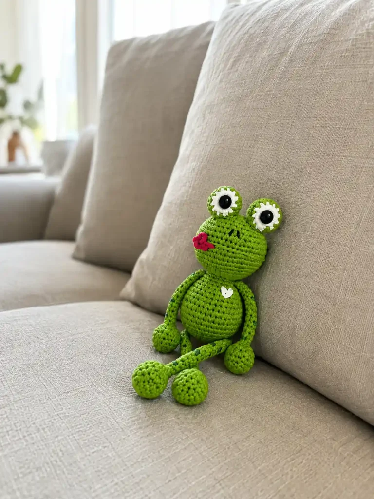 Green yarn kvaka the little froggy free crochet pattern sitting on a beige fabric sofa next to a plush cushion.