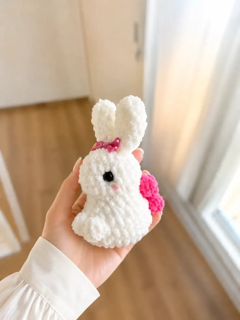 Hand holding a white little bunny amigurumi free pattern made of fluffy yarn with pink wings, indoors by a window.