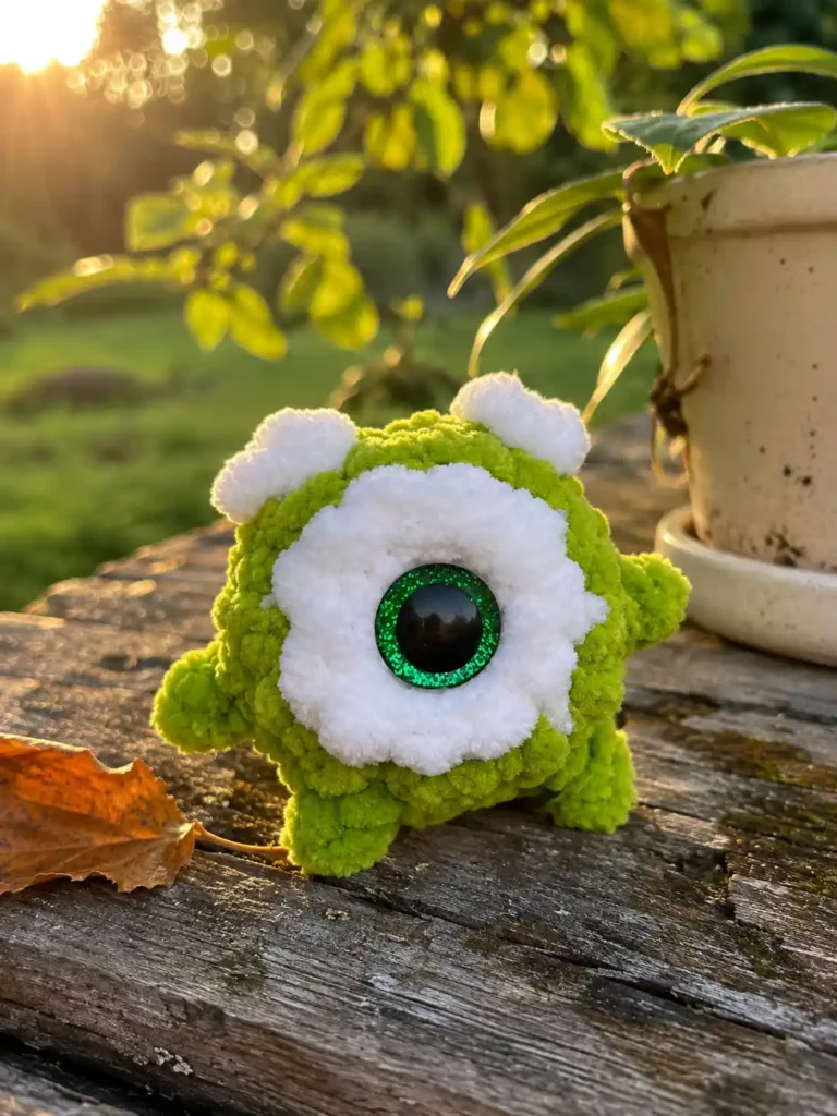Small green plush one-eyed toy on a rustic wooden table at sunset, using the mike wazowski amigurumi pattern free.