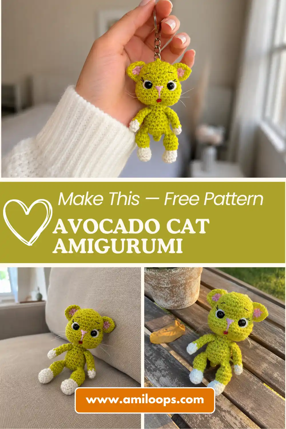 Bright green crocheted avocado cat amigurumi keychain free pattern figure lying on a textured white knitted blanket.