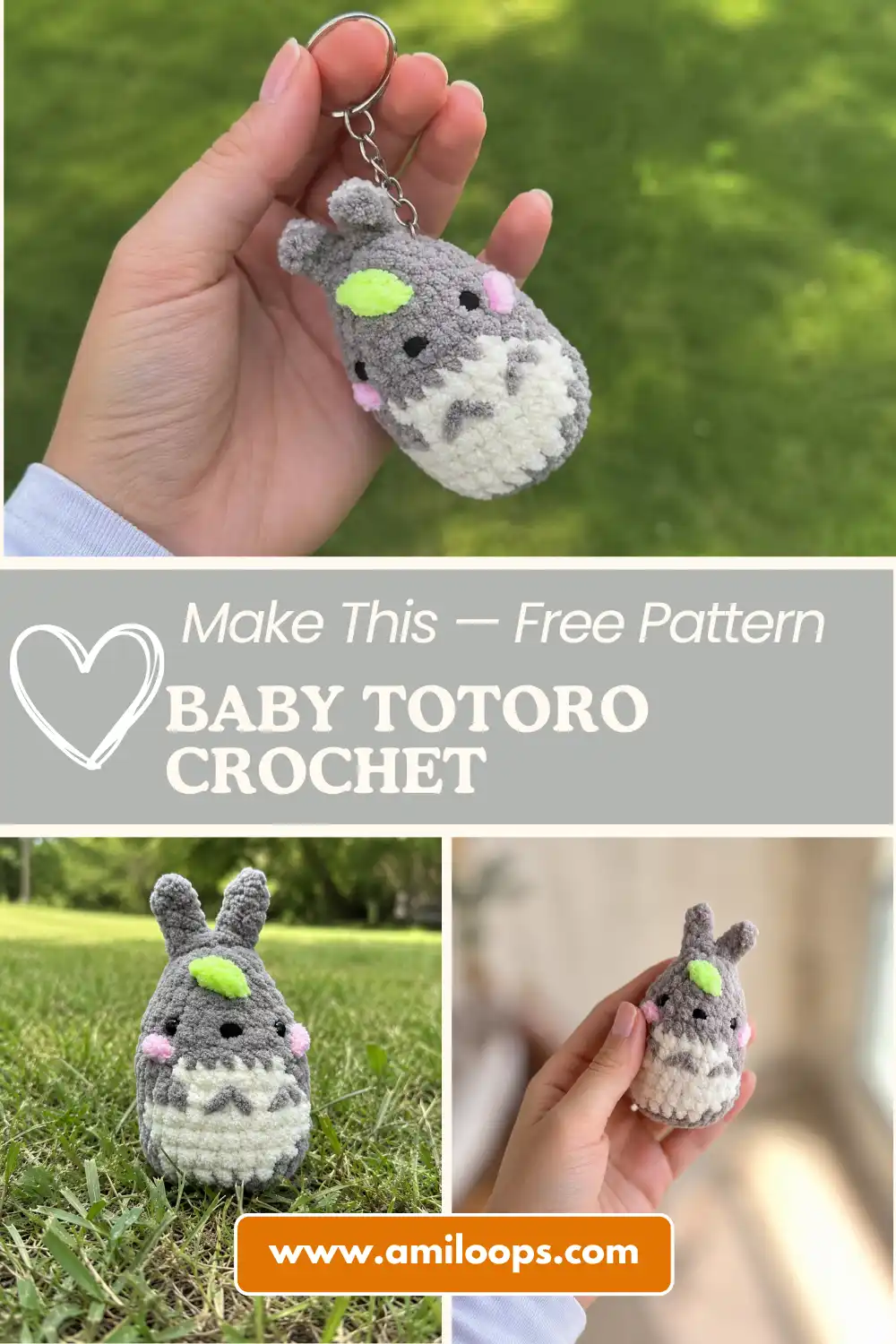 Grey and white yarn baby totoro crochet keychain free pattern sitting on a wooden table with blurred green trees behind it.