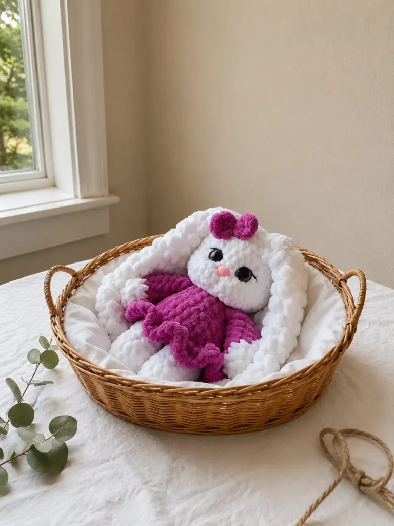 A white mini bunny amigurumi free pattern toy wearing a magenta dress, resting in a woven basket next to eucalyptus leaves.