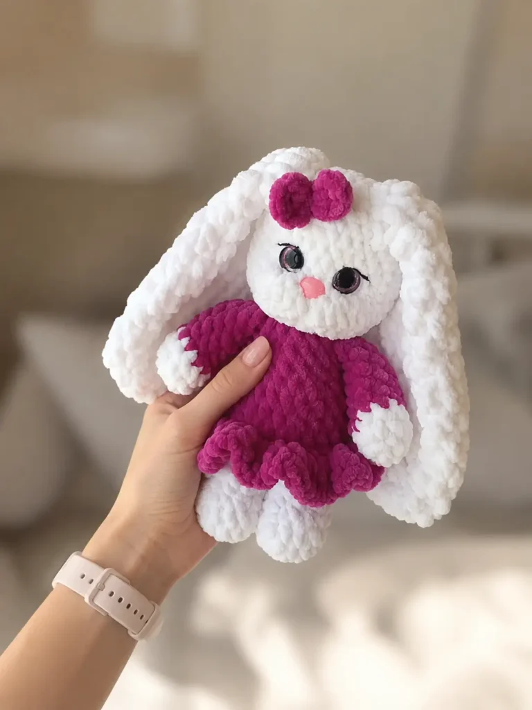 A hand holds a white mini bunny amigurumi free pattern wearing a magenta plush dress against a soft blurred background.