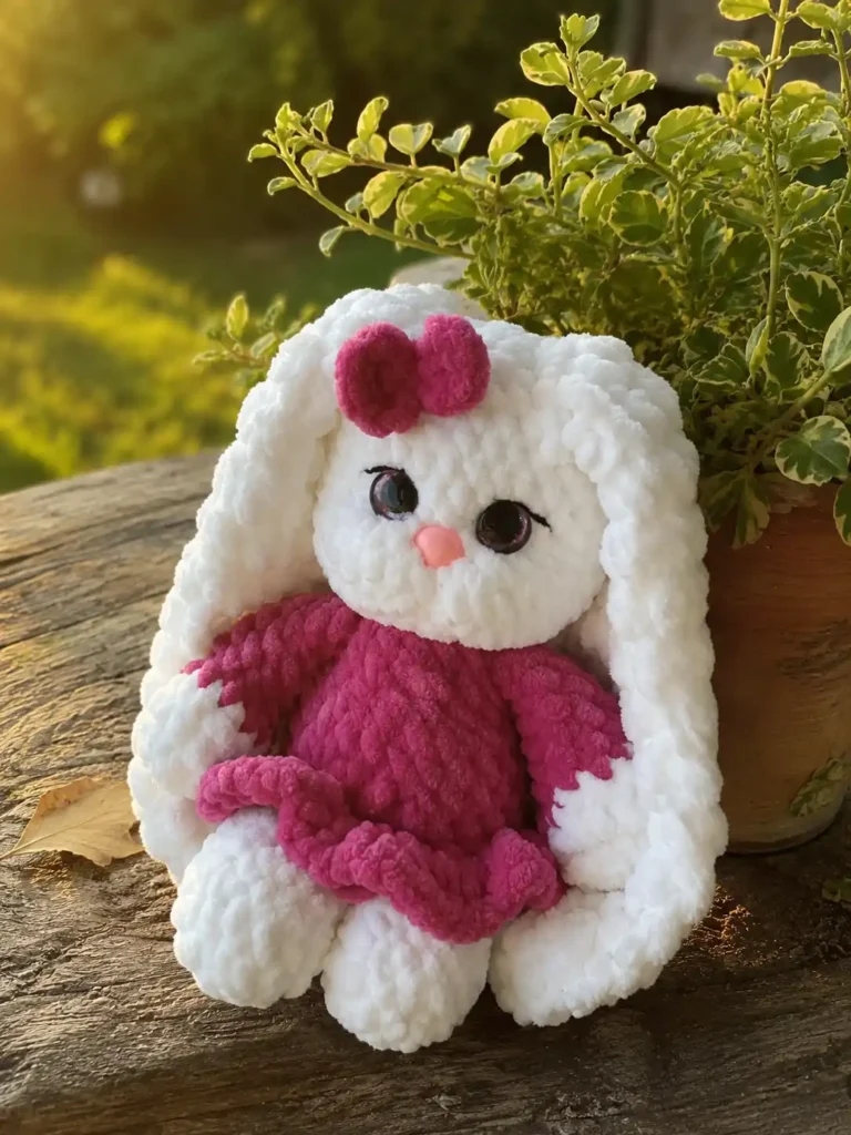 A white mini bunny amigurumi free pattern toy in a magenta dress sits on a wooden surface next to a potted plant outdoors.