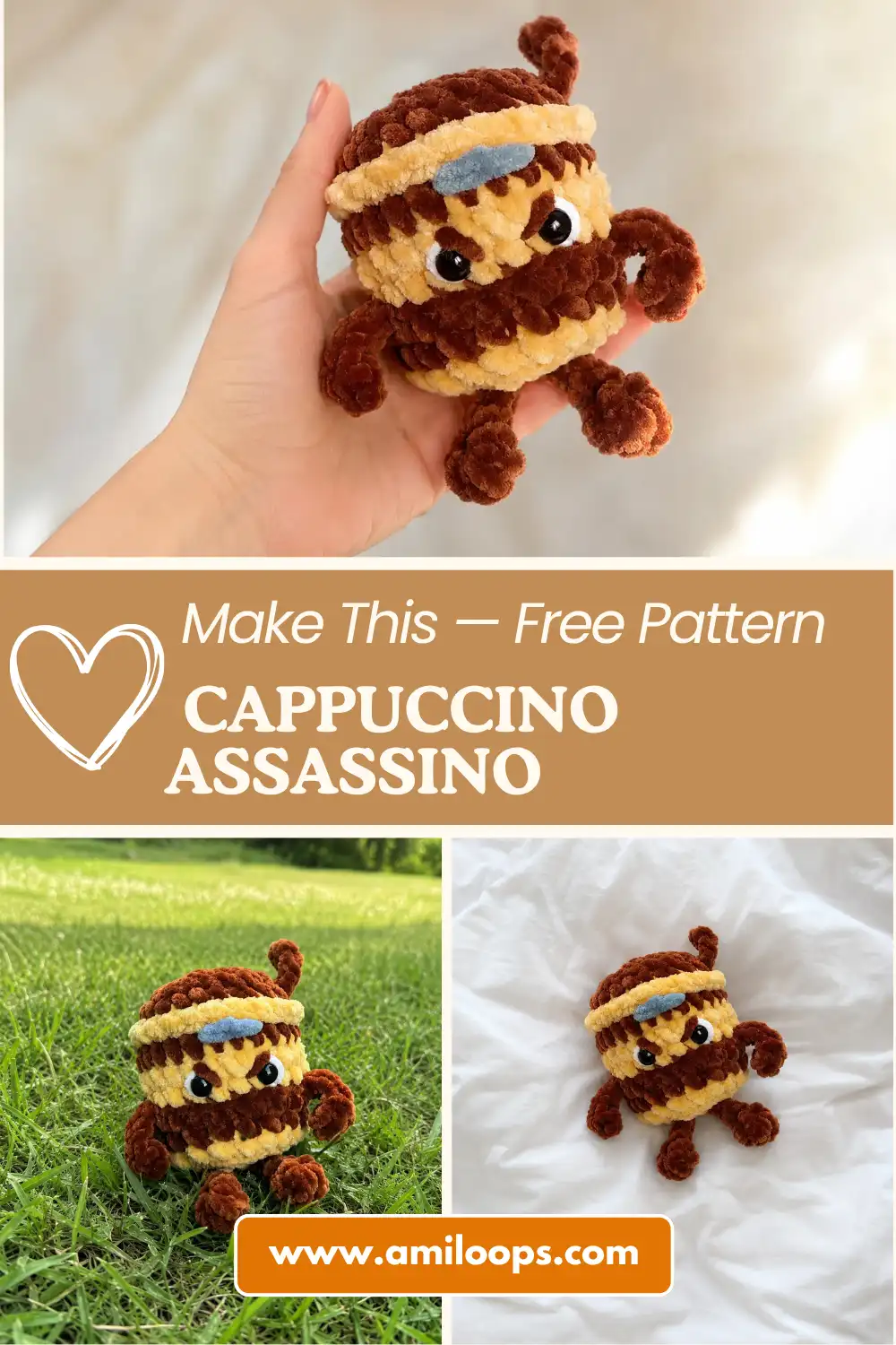 Close-up of the brown and beige velvet yarn amigurumi toy sitting on a grey sofa using this cappuccino assassino crochet pattern free.