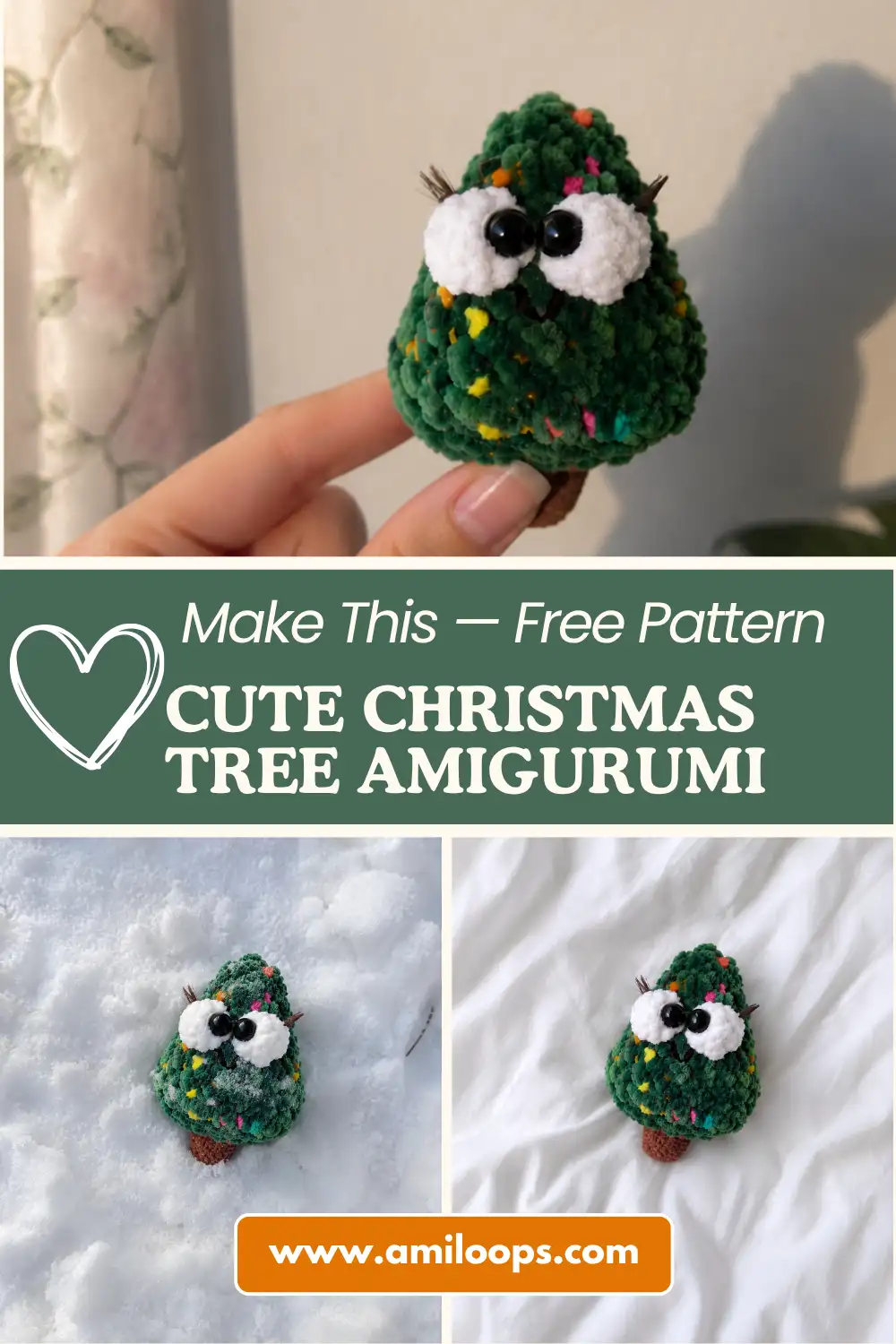 Close-up of the tiny green fluffy amigurumi Christmas tree with eyelashes held by a hand on AmiLoops.com