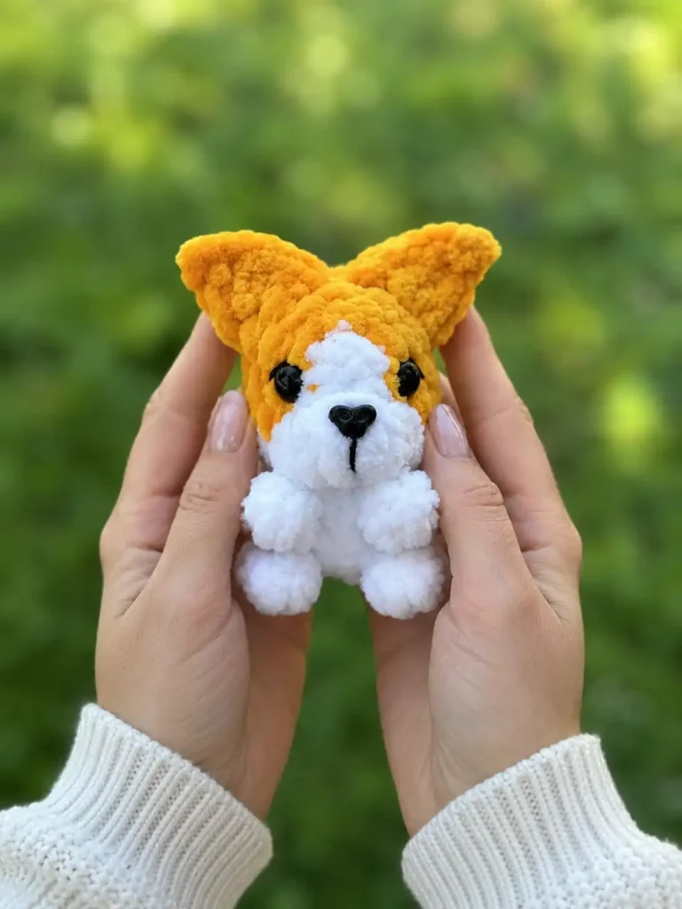 Two hands holding a plush orange and white yarn dog over a green background from this mini corgi amigurumi free pattern.