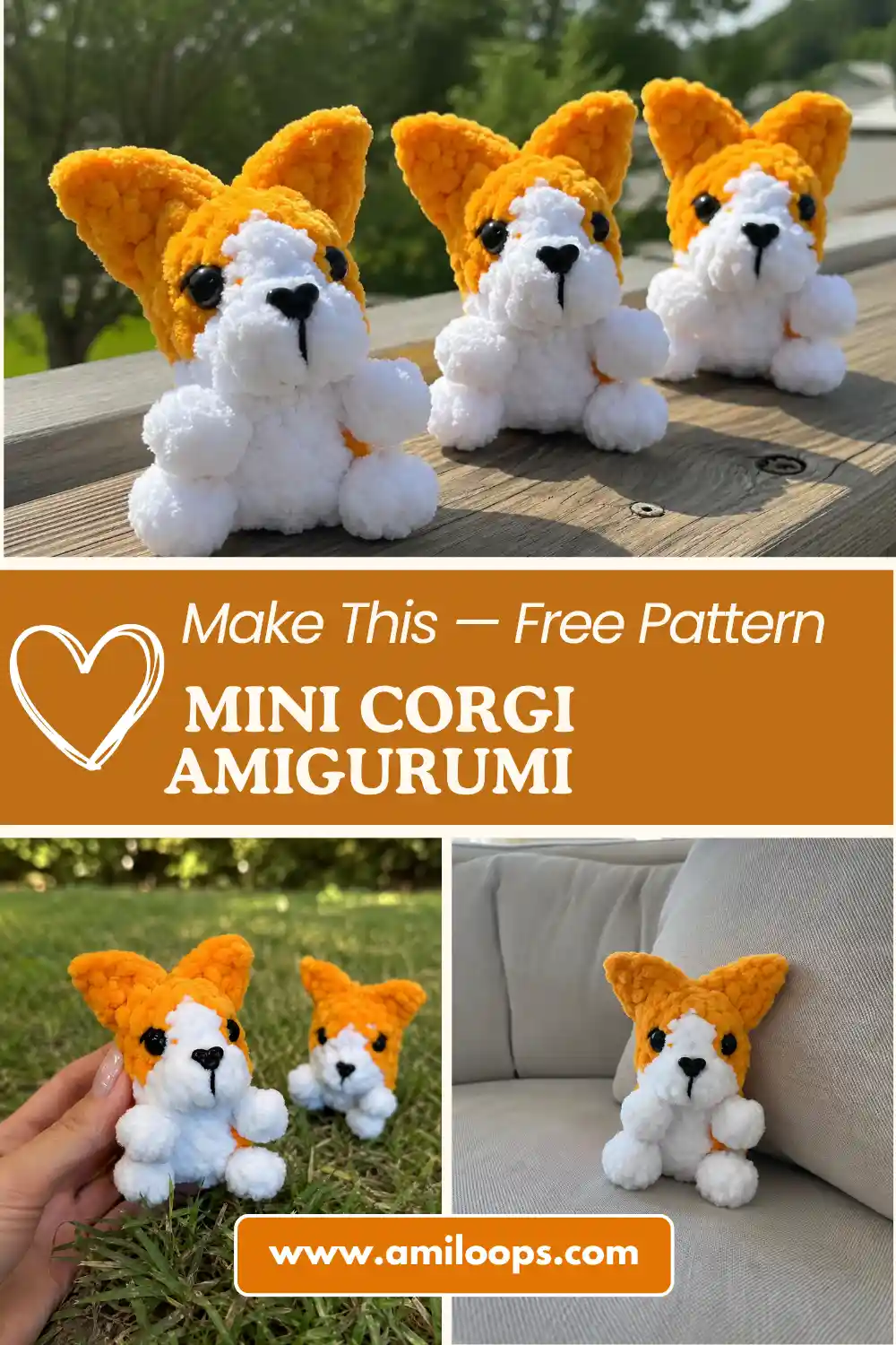 A fluffy orange and white yarn dog against a green background from this mini corgi amigurumi free pattern.