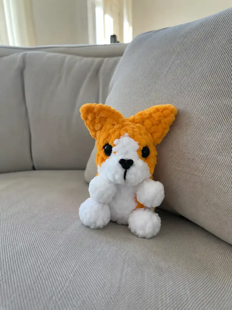 A single orange and white plush yarn puppy sitting on a beige sofa, made using our mini corgi amigurumi free pattern.