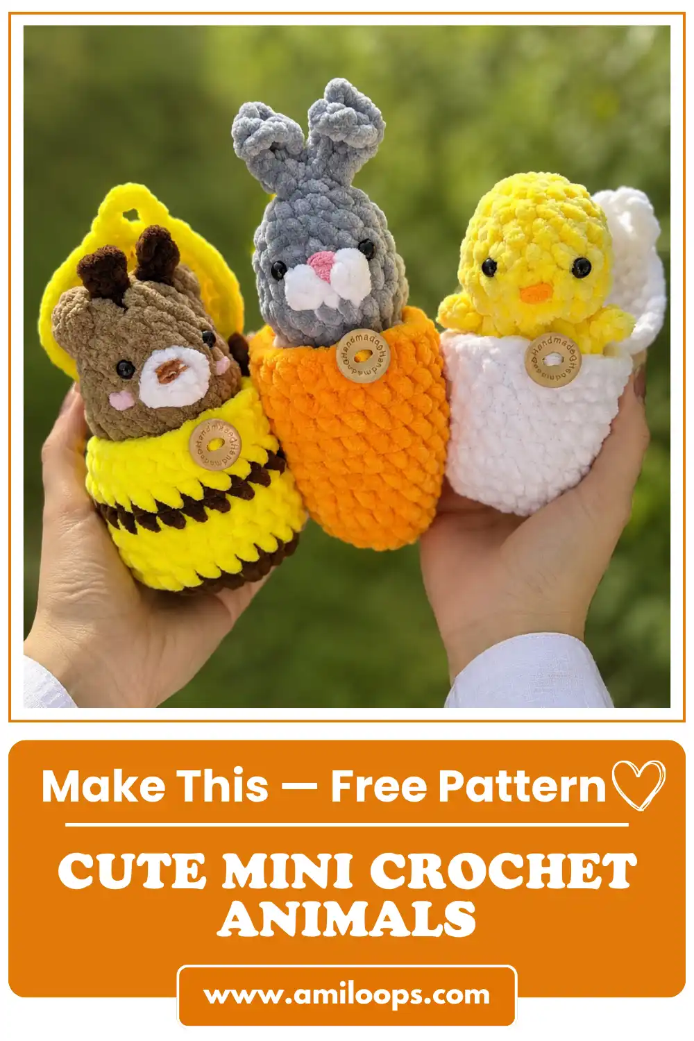 Hands holding chunky chenille mini crochet animals: a bear, a bunny, and a chick against a blurred green background.