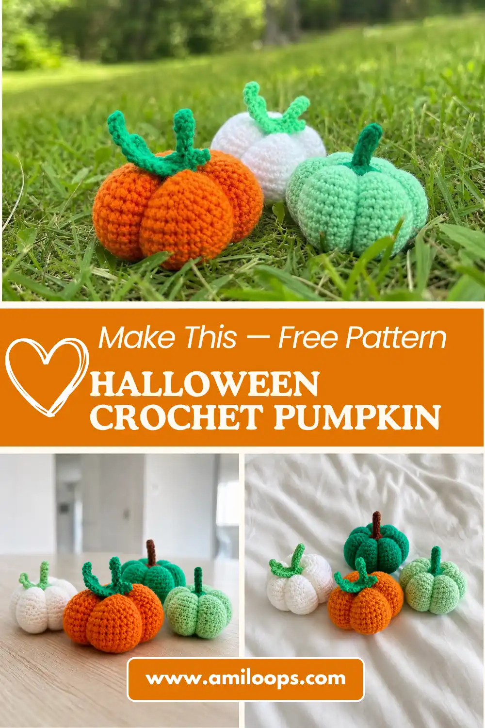 Four yarn pumpkins on a wooden deck table showcasing a free crochet pumpkin pattern in orange, white, and green.