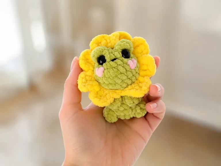 A green and yellow crochet mini frog amigurumi sitting inside a yellow crochet flower, held in a hand and on a couch.