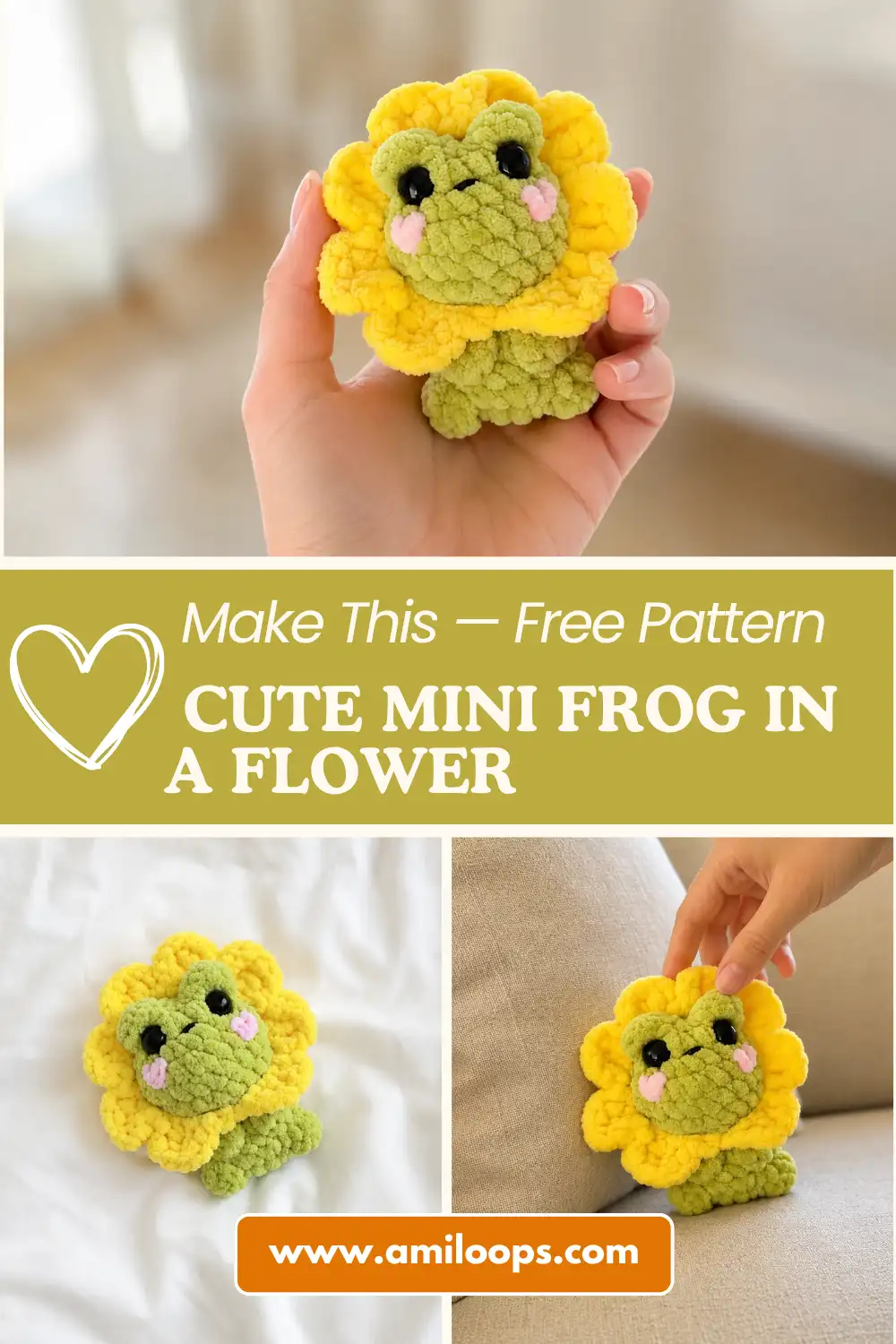 A green plush mini frog crochet pattern with a yellow flower petal collar sitting outside on bright green grass in the sun.
