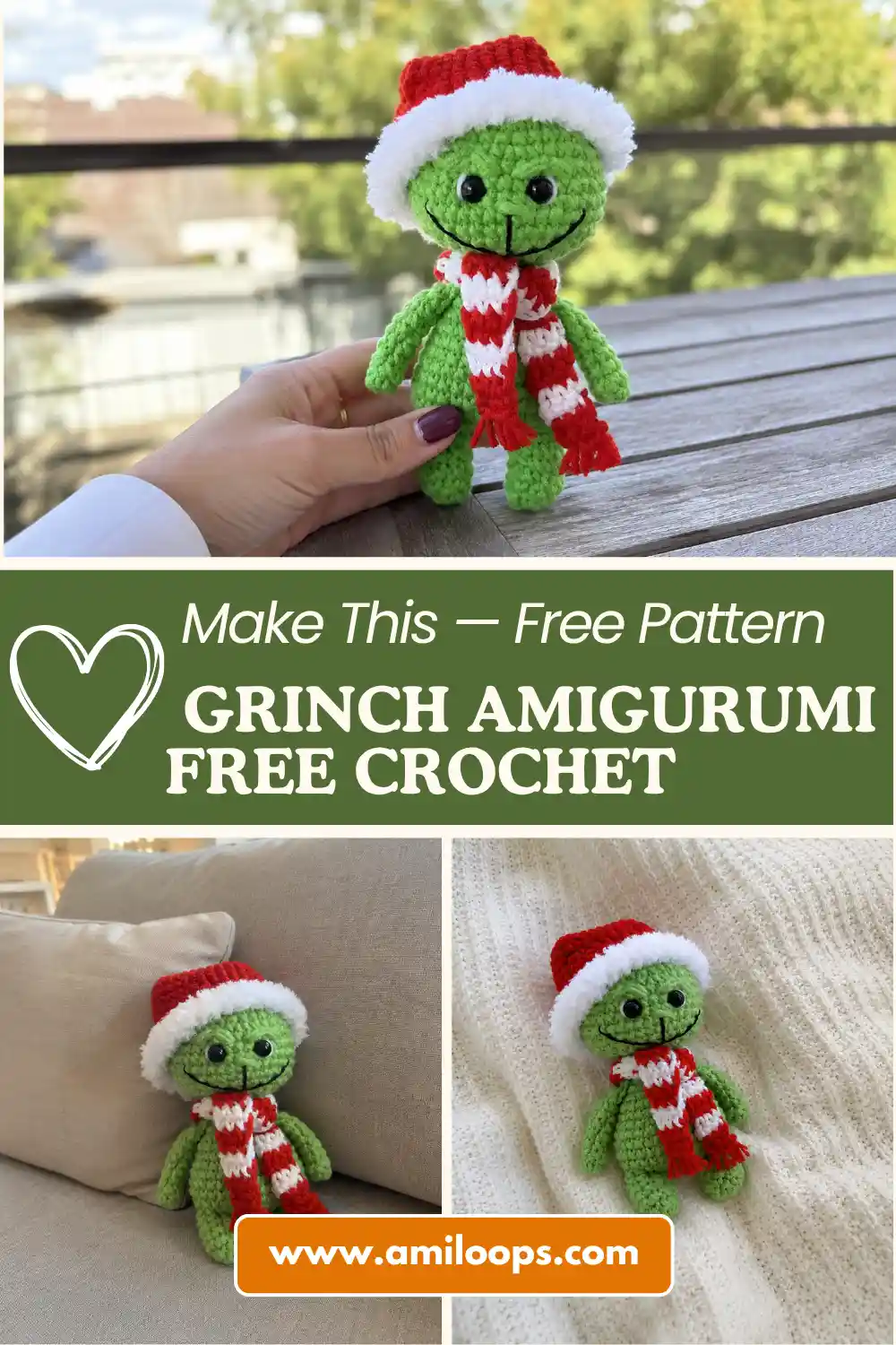 Green grinch amigurumi free crochet toy with a fluffy red Santa hat and striped scarf sitting in bright green grass.