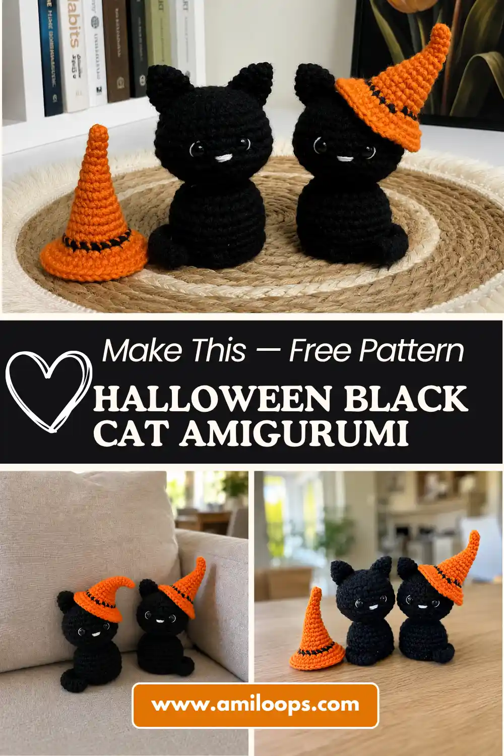 Two black yarn cats on a wooden deck outdoors with green trees in background, for a halloween black cat amigurumi pattern.
