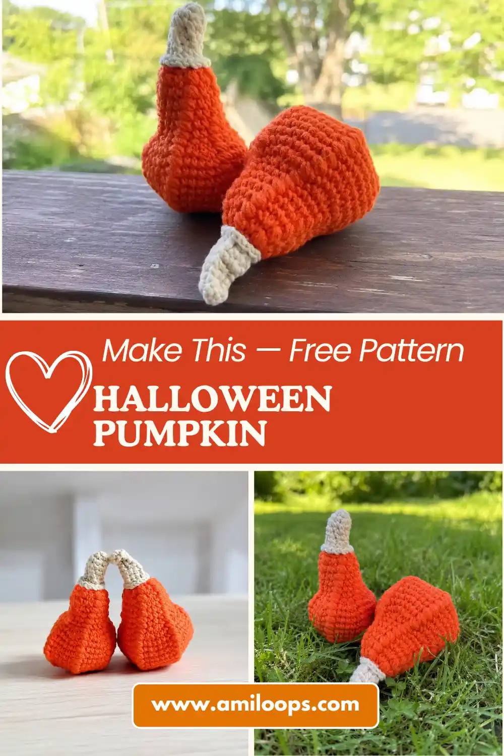 A single hand wearing a white ribbed sweater holds an orange crocheted gourd from the halloween pumpkin crochet pattern.