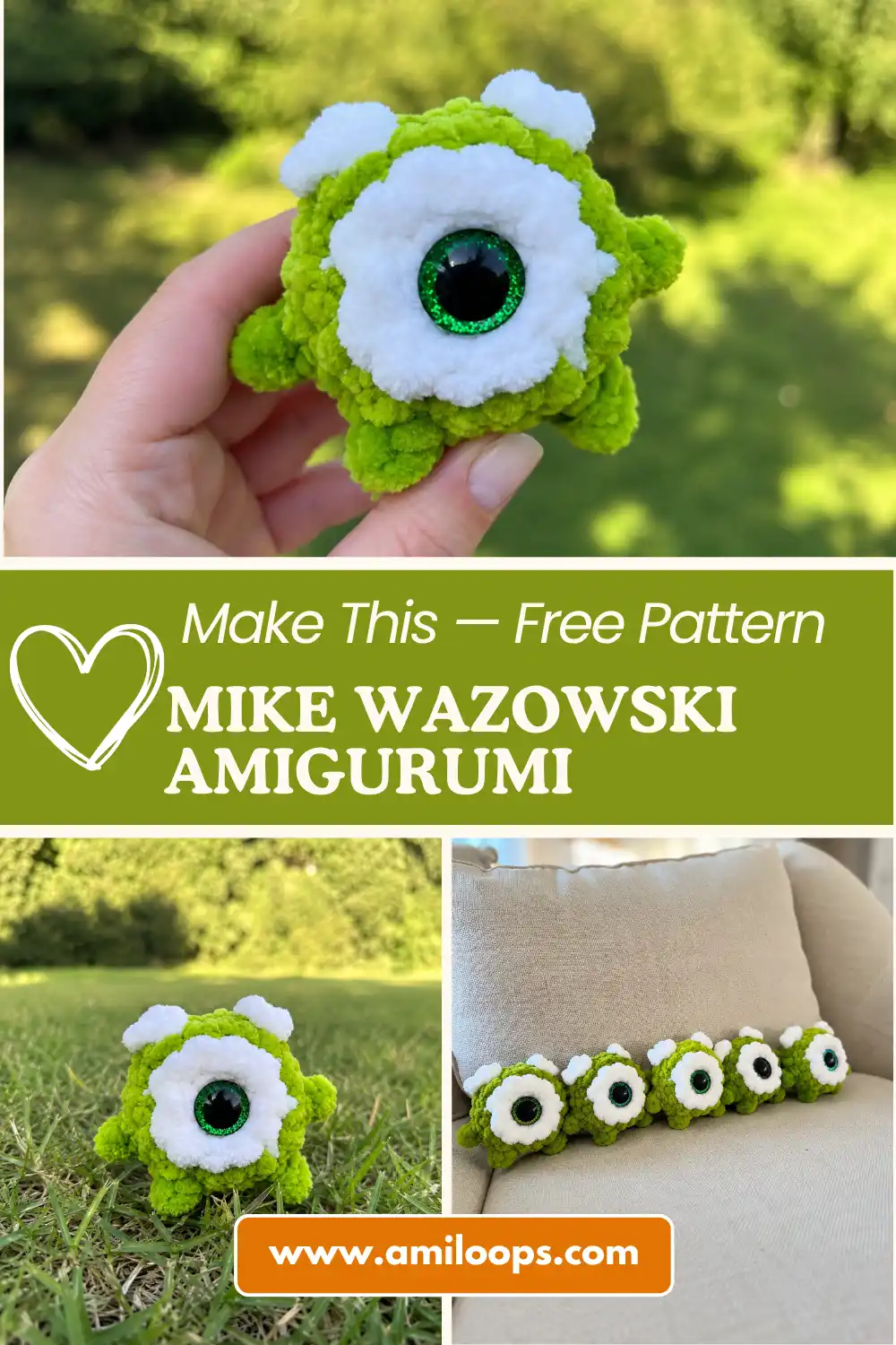 Green plush toy with one eye on wood in sunlight, made using the mike wazowski amigurumi pattern free.