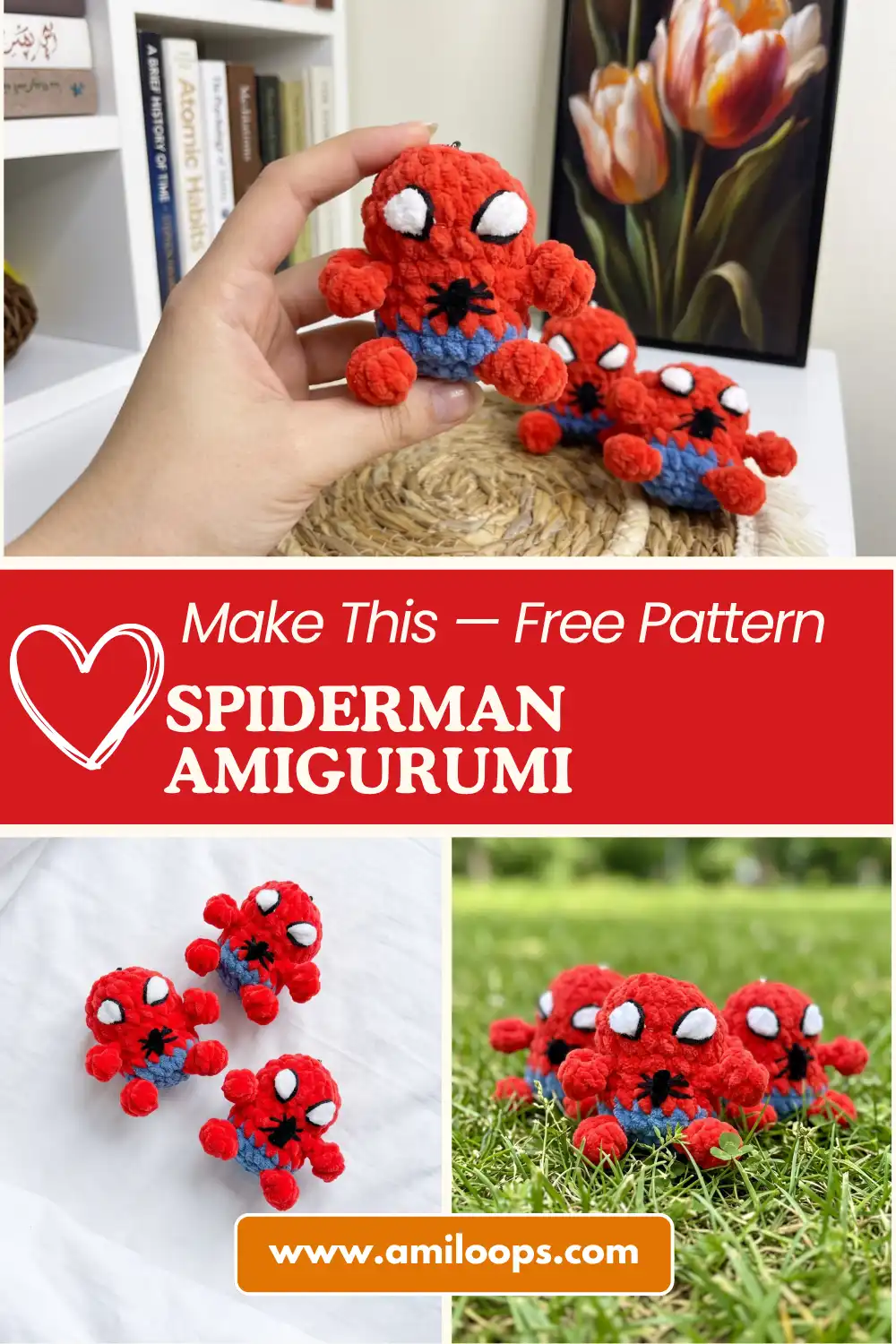 Hand holding a red and blue plush yarn toy from the spiderman amigurumi keychain free pattern against blurred green bokeh.